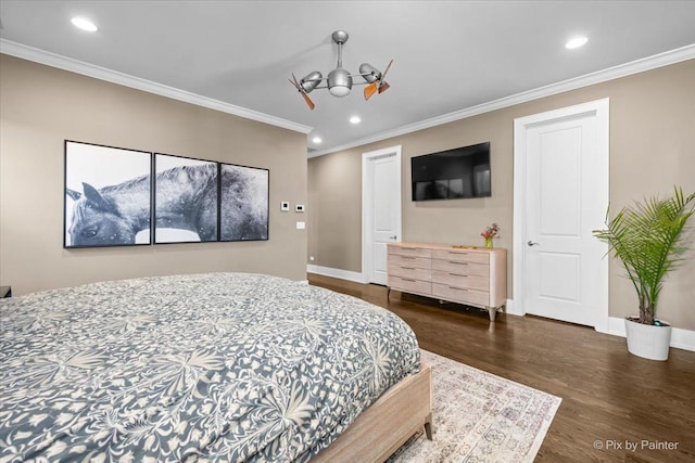 2426 W Warner Ave, Chicago, IL 60618 - bedroom with dark wood-style floors, recessed lighting, crown molding, baseboards, and a chandelier