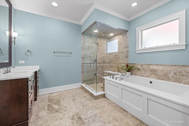 2426 W Warner Ave, Chicago, IL 60618 - bathroom featuring vanity, a stall shower, a garden tub, ornamental molding, and baseboards