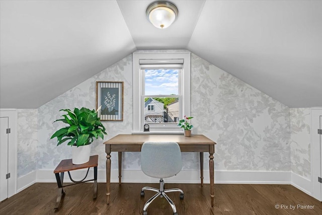2426 W Warner Ave, Chicago, IL 60618 - office featuring wood finished floors, lofted ceiling, and wallpapered walls