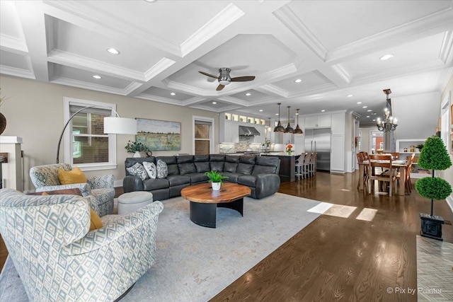 2426 W Warner Ave, Chicago, IL 60618 - living room with coffered ceiling, dark wood finished floors, crown molding, a ceiling fan, and recessed lighting