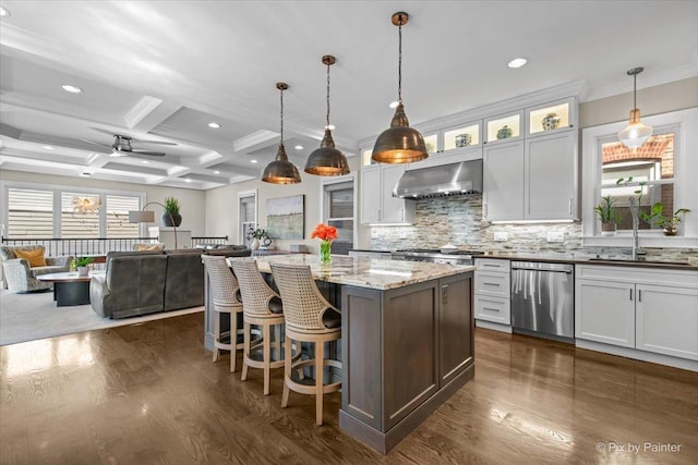 2426 W Warner Ave, Chicago, IL 60618 - kitchen featuring dishwasher, extractor fan, a sink, recessed lighting, and decorative backsplash