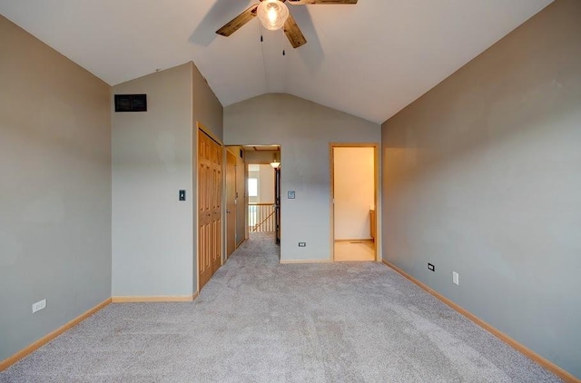 1716 Waters Edge Dr Unit 1716, Minooka, IL 60447 - unfurnished bedroom featuring lofted ceiling, carpet flooring, baseboards, and a ceiling fan