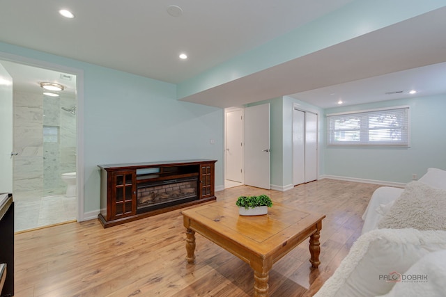 14 Wander Way, Lake In The Hills, IL 60156 - living area featuring light wood-style floors, baseboards, recessed lighting, and a glass covered fireplace