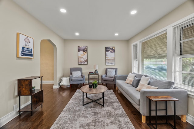 9026 S Colfax Ave, Chicago, IL 60617 - living room with arched walkways, dark wood-style floors, baseboards, and recessed lighting