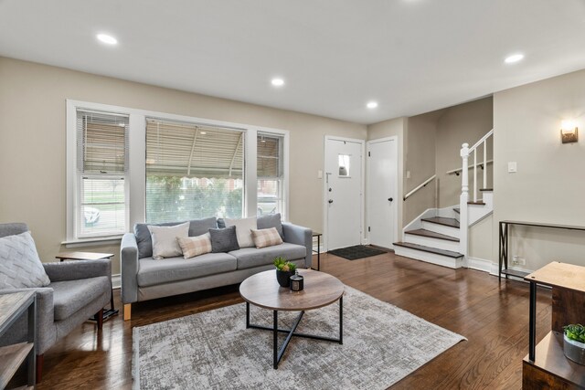 9026 S Colfax Ave, Chicago, IL 60617 - living area featuring plenty of natural light, dark wood-type flooring, stairway, recessed lighting, and baseboards
