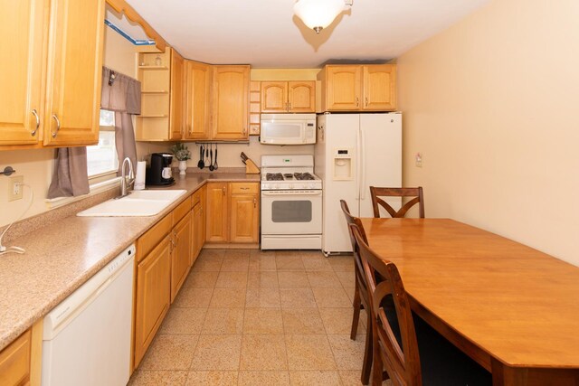 431 Griswold St, Elgin, IL 60123 - kitchen featuring white appliances, a sink, light countertops, open shelves, and light brown cabinetry