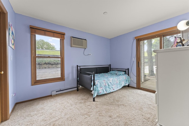 1384 Cunat Ct Unit 1B, Lake In The Hills, IL 60156 - carpeted bedroom with baseboard heating, access to exterior, multiple windows, and a wall mounted air conditioner