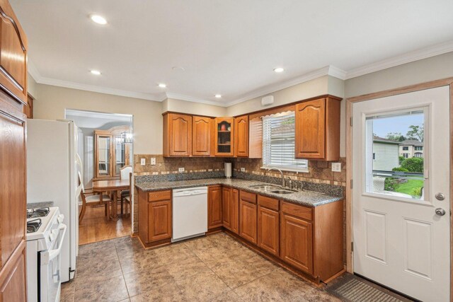 4N221 7th Ave, Addison, IL 60101 - kitchen with white appliances, brown cabinetry, decorative backsplash, glass insert cabinets, and recessed lighting