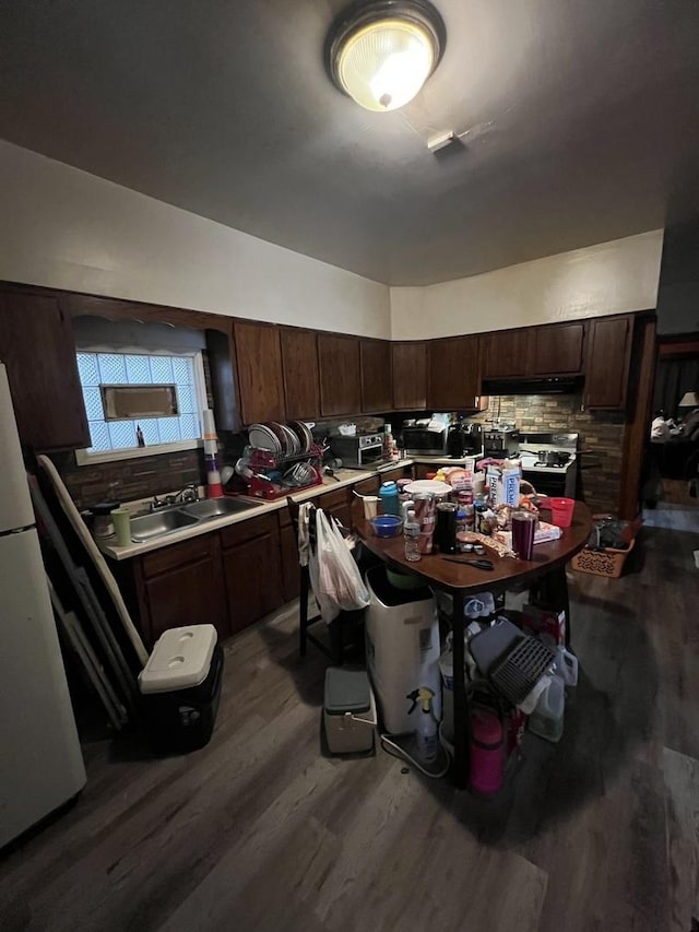 8029 S Houston Ave, Chicago, IL 60617 - kitchen featuring freestanding refrigerator, wood finished floors, a sink, and backsplash