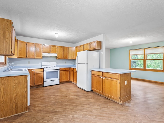 119 SE Brandywine Dr, Poplar Grove, IL 61065 - kitchen featuring white appliances, under cabinet range hood, a sink, light wood-style floors, and a textured ceiling