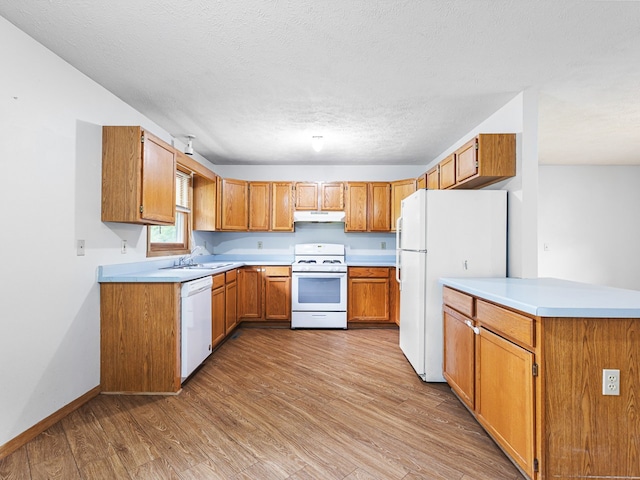 119 SE Brandywine Dr, Poplar Grove, IL 61065 - kitchen featuring white appliances, wood finished floors, a sink, brown cabinets, and light countertops