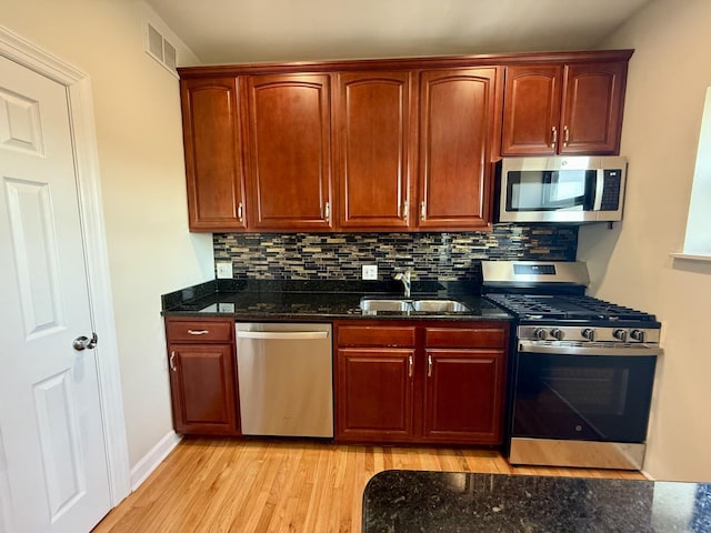 6324 S Kimbark Ave Unit 404, Chicago, IL 60637 - kitchen with appliances with stainless steel finishes, light wood-style floors, dark stone countertops, and backsplash