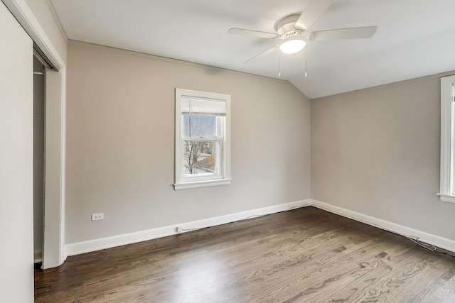 2004 Linden Ave, Park Ridge, IL 60068 - unfurnished bedroom with dark wood-style flooring, baseboards, a closet, ceiling fan, and lofted ceiling