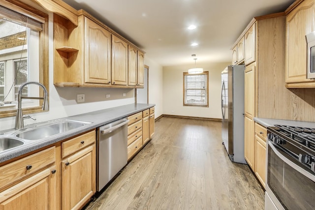 2004 Linden Ave, Park Ridge, IL 60068 - kitchen with appliances with stainless steel finishes, light brown cabinets, a sink, light wood finished floors, and open shelves