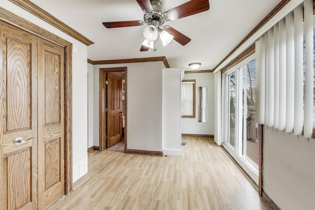 2004 Linden Ave, Park Ridge, IL 60068 - unfurnished bedroom featuring crown molding, access to outside, baseboards, light wood-type flooring, and ceiling fan