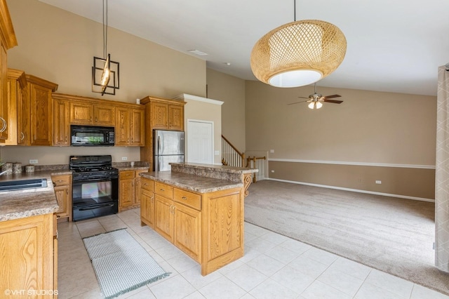 1708 S Fieldstone Dr, Shorewood, IL 60404 - kitchen with black appliances, high vaulted ceiling, light colored carpet, a ceiling fan, and a sink