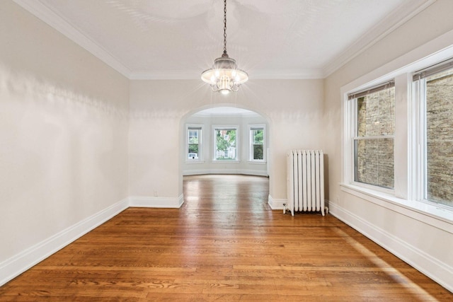 217 S Oak Park Ave, Oak Park, IL 60302 - empty room with radiator heating unit, a chandelier, light wood finished floors, ornamental molding, and arched walkways