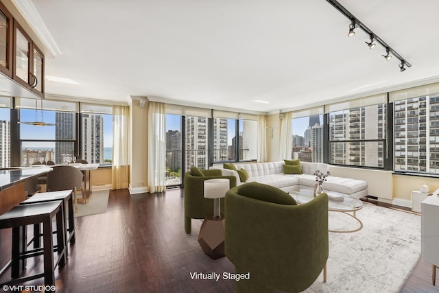 1560 N Sandburg Ter Unit 2202, Chicago, IL 60610 - living room with a view of skyline, rail lighting, dark wood finished floors, and plenty of natural light