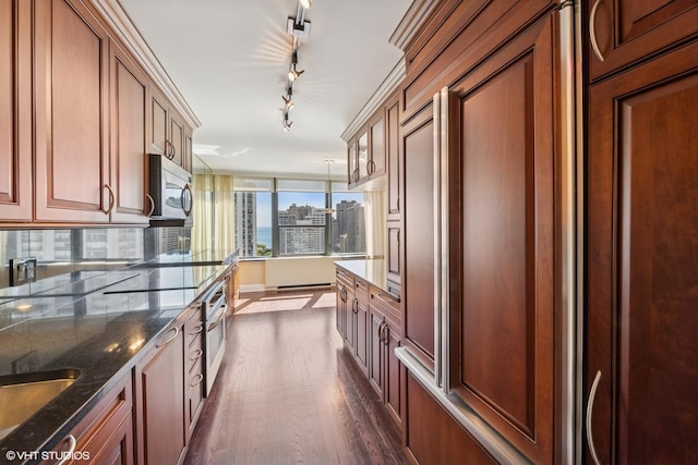 1560 N Sandburg Ter Unit 2202, Chicago, IL 60610 - kitchen with stainless steel appliances, dark wood finished floors, dark stone countertops, a view of city, and rail lighting