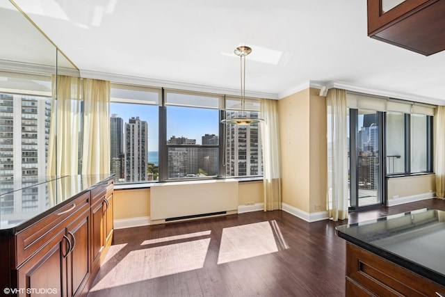 1560 N Sandburg Ter Unit 2202, Chicago, IL 60610 - unfurnished dining area with crown molding, baseboards, dark wood-style floors, healthy amount of natural light, and a city view