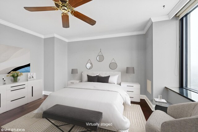 1560 N Sandburg Ter Unit 2202, Chicago, IL 60610 - bedroom featuring dark wood-type flooring, ornamental molding, baseboards, and multiple windows
