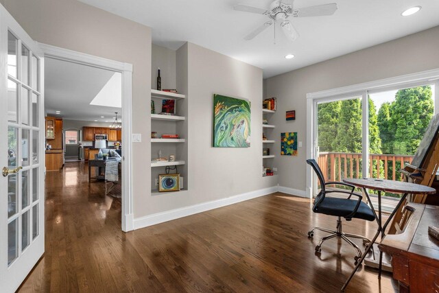 6312 Kingsbridge Dr, Cary, IL 60013 - office area featuring dark wood-style floors, ceiling fan, built in shelves, and recessed lighting