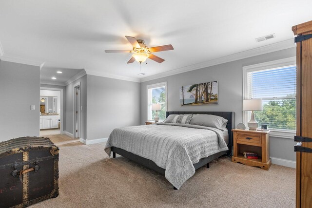 6312 Kingsbridge Dr, Cary, IL 60013 - bedroom with light colored carpet, ornamental molding, recessed lighting, and a ceiling fan