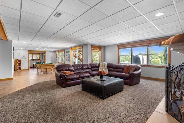 6312 Kingsbridge Dr, Cary, IL 60013 - living area with billiards, carpet flooring, recessed lighting, a paneled ceiling, and tile patterned floors