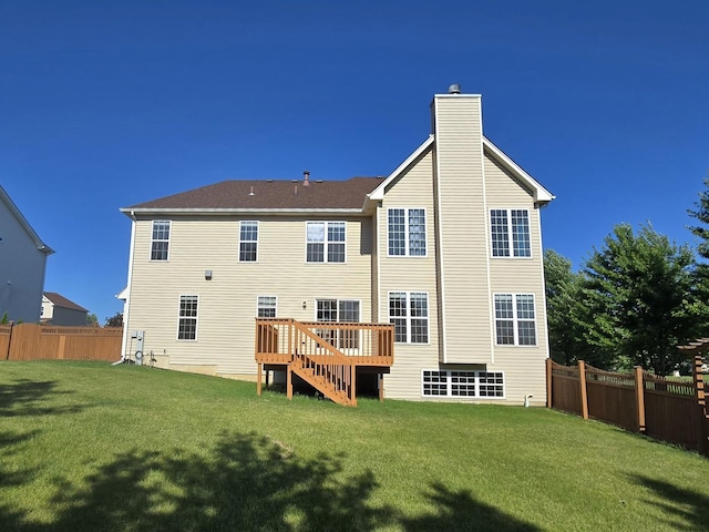 2333 Roaring Creek Dr, Aurora, IL 60503 - back of property featuring a chimney, a wooden deck, and stairs