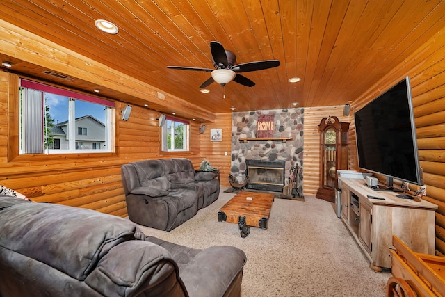 26138 Oak Ridge Ct, Channahon, IL 60410 - carpeted living area featuring rustic walls, wooden ceiling, a ceiling fan, recessed lighting, and a stone fireplace