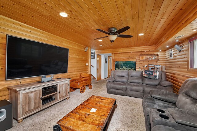 26138 Oak Ridge Ct, Channahon, IL 60410 - living room with log walls, wooden ceiling, a ceiling fan, recessed lighting, and light carpet
