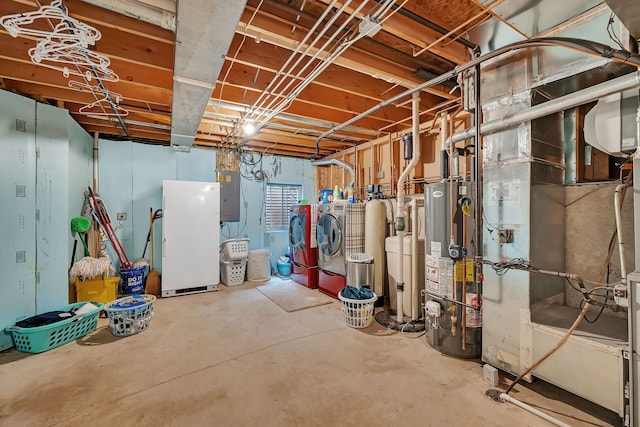 26138 Oak Ridge Ct, Channahon, IL 60410 - unfinished basement with freestanding refrigerator, washing machine and dryer, electric panel, gas water heater, and heating unit