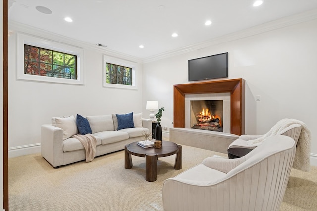 3823 N Wayne Ave, Chicago, IL 60613 - carpeted living area featuring a lit fireplace, recessed lighting, ornamental molding, and baseboards