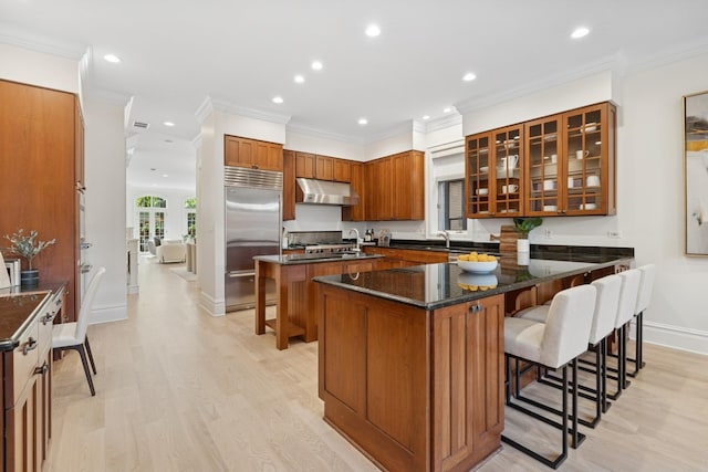 3823 N Wayne Ave, Chicago, IL 60613 - kitchen with built in fridge, under cabinet range hood, a kitchen island, a kitchen breakfast bar, and recessed lighting