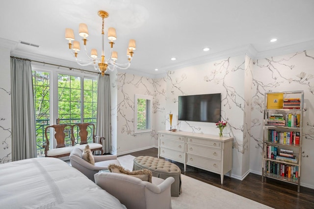 1429 S Prairie Ave, Chicago, IL 60605 - bedroom featuring ornamental molding, wallpapered walls, a chandelier, baseboards, and wood finished floors