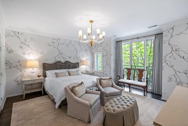 1429 S Prairie Ave, Chicago, IL 60605 - bedroom with ornamental molding, wallpapered walls, a chandelier, wood finished floors, and access to outside