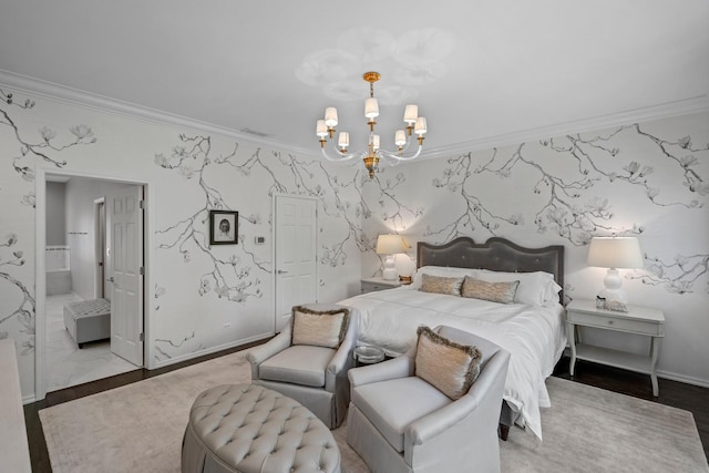 1429 S Prairie Ave, Chicago, IL 60605 - bedroom with ornamental molding, a chandelier, baseboards, and wallpapered walls