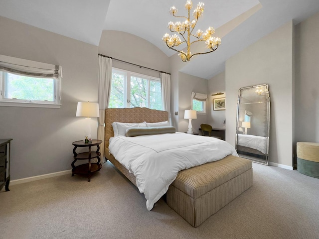 1429 S Prairie Ave, Chicago, IL 60605 - carpeted bedroom featuring vaulted ceiling, a chandelier, and baseboards