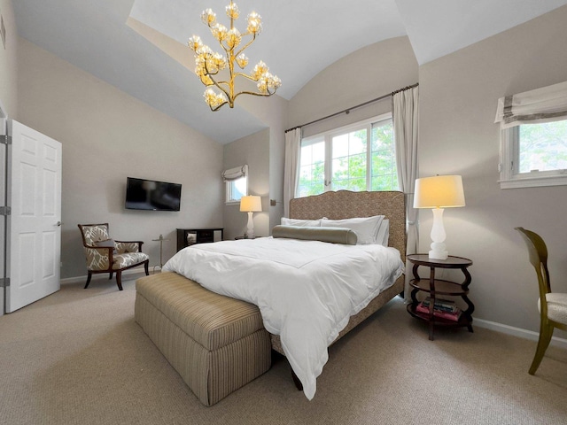 1429 S Prairie Ave, Chicago, IL 60605 - carpeted bedroom featuring vaulted ceiling, multiple windows, a chandelier, and baseboards
