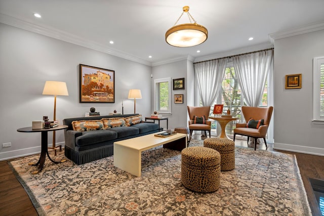 1429 S Prairie Ave, Chicago, IL 60605 - living room featuring dark wood-style floors, baseboards, recessed lighting, and crown molding