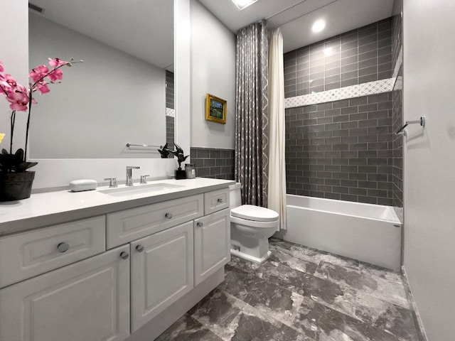 1429 S Prairie Ave, Chicago, IL 60605 - bathroom with vanity, marble finish flooring, toilet, shower / bath combo with shower curtain, and recessed lighting