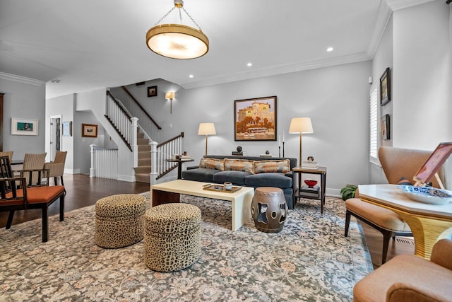 1429 S Prairie Ave, Chicago, IL 60605 - living room featuring crown molding, wood finished floors, stairway, baseboards, and recessed lighting