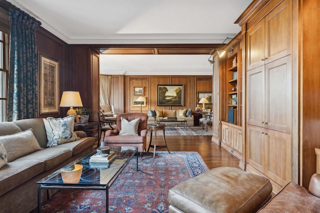 199 E Lake Shore Dr Unit 3, Chicago, IL 60611 - living room with dark wood finished floors, built in features, wood walls, and ornamental molding