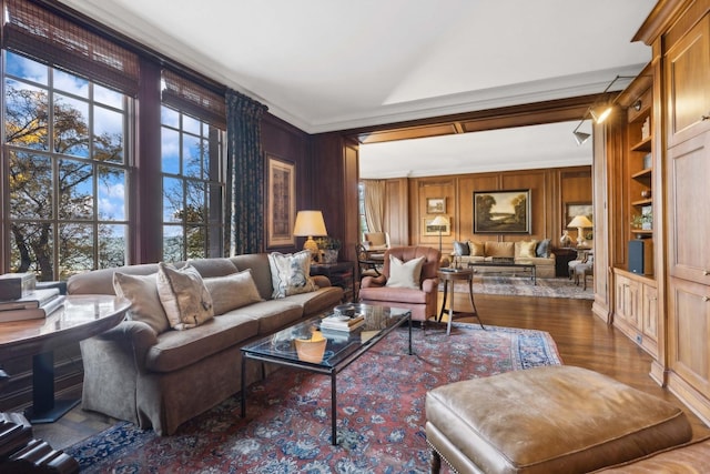 199 E Lake Shore Dr Unit 3, Chicago, IL 60611 - living area featuring dark wood-style floors, crown molding, and built in shelves