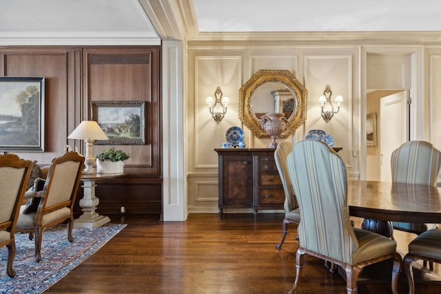 199 E Lake Shore Dr Unit 3, Chicago, IL 60611 - dining space with a decorative wall, dark wood-style floors, and ornamental molding