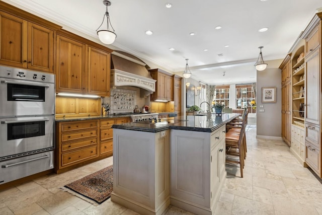 199 E Lake Shore Dr Unit 3, Chicago, IL 60611 - kitchen featuring double oven, a warming drawer, ornamental molding, premium range hood, and brown cabinets