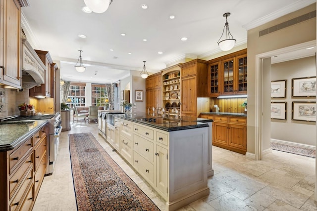 199 E Lake Shore Dr Unit 3, Chicago, IL 60611 - kitchen featuring high end stove, decorative backsplash, recessed lighting, ornamental molding, and glass insert cabinets