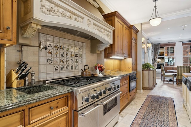 199 E Lake Shore Dr Unit 3, Chicago, IL 60611 - kitchen with stainless steel stove, crown molding, custom range hood, brown cabinets, and decorative backsplash