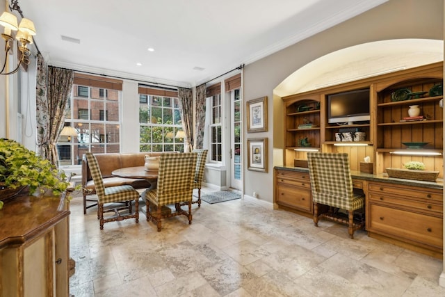 199 E Lake Shore Dr Unit 3, Chicago, IL 60611 - home office with ornamental molding, built in study area, stone tile flooring, baseboards, and recessed lighting
