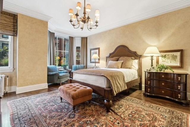 199 E Lake Shore Dr Unit 3, Chicago, IL 60611 - bedroom featuring a chandelier, wood finished floors, baseboards, and ornamental molding